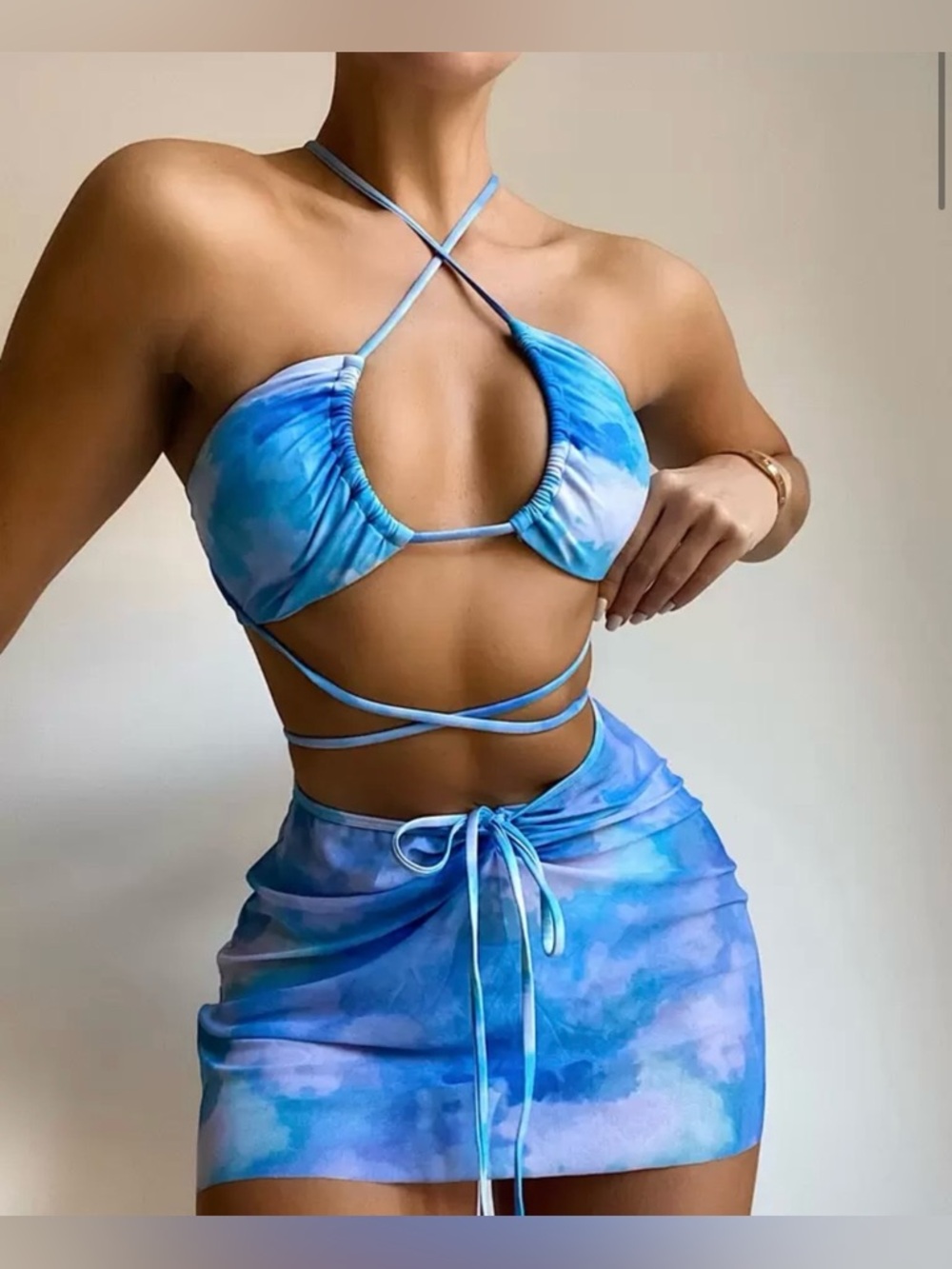 Large Blue Tie-Dye Crisscross Bikini Top & Wrap Mini Skirt Set 💙 Like New